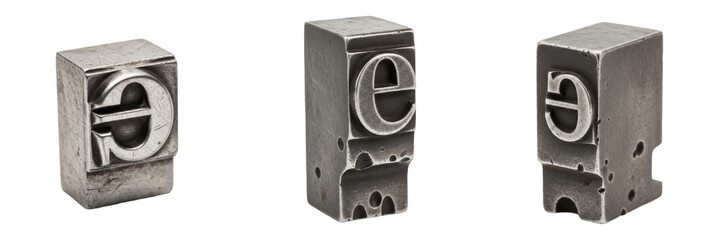 Set of vintage metal letterpress blocks with lowercase letter e printing type collection isolated on white transparent png background