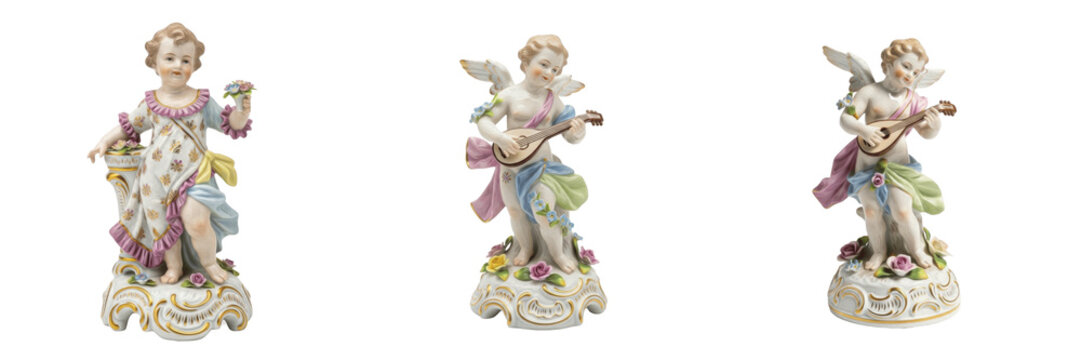 Set of vintage porcelain cherub figurines and antique ceramic angel statues with musical instruments collection isolated on white transparent png background