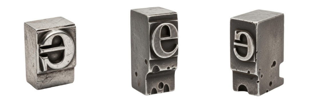 Set of vintage metal letterpress blocks with lowercase letter e printing type collection isolated on white transparent png background