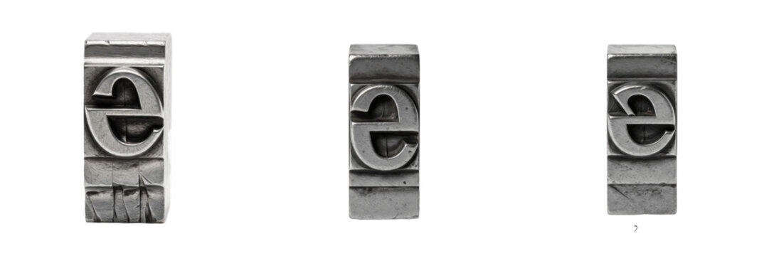 Set of vintage metal letterpress blocks with lowercase letter e printing type collection isolated on white transparent png background