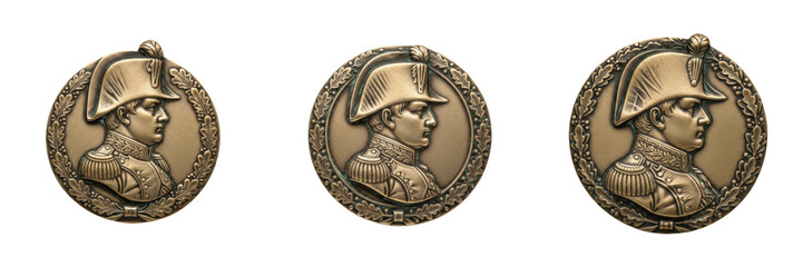 Set of antique bronze medallions with Napoleon Bonaparte profile portrait collection isolated on white transparent png background © wonderfull