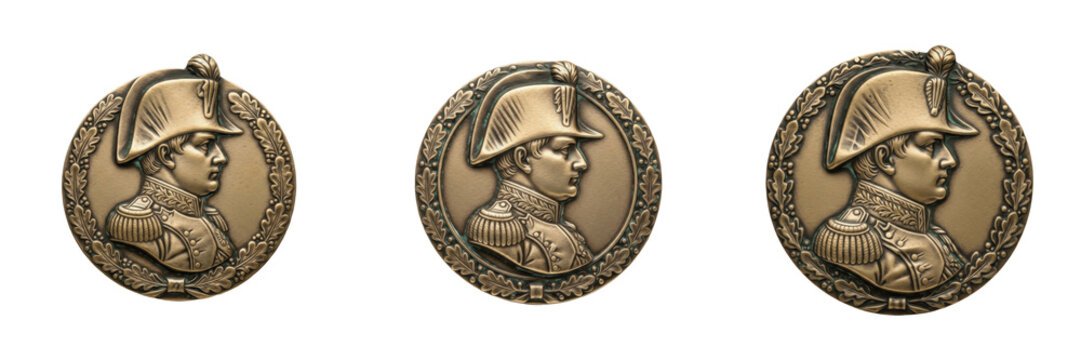 Set of antique bronze medallions with Napoleon Bonaparte profile portrait collection isolated on white transparent png background