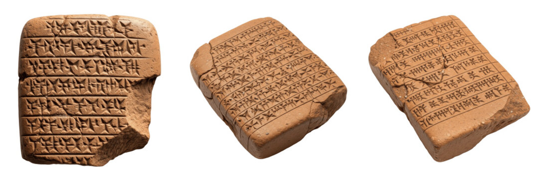 Set of ancient Sumerian cuneiform clay tablets with Mesopotamian inscriptions collection isolated on white transparent png background