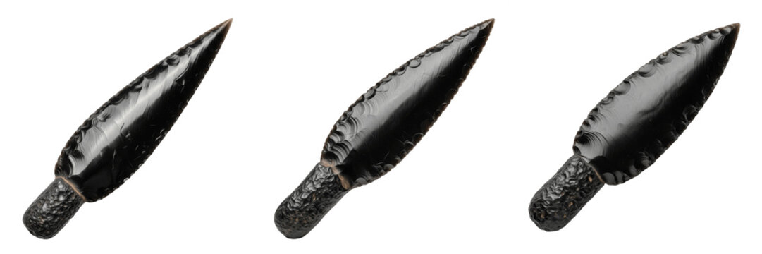 Set of prehistoric obsidian spearheads and sharp stone flint arrowheads isolated on white transparent png background