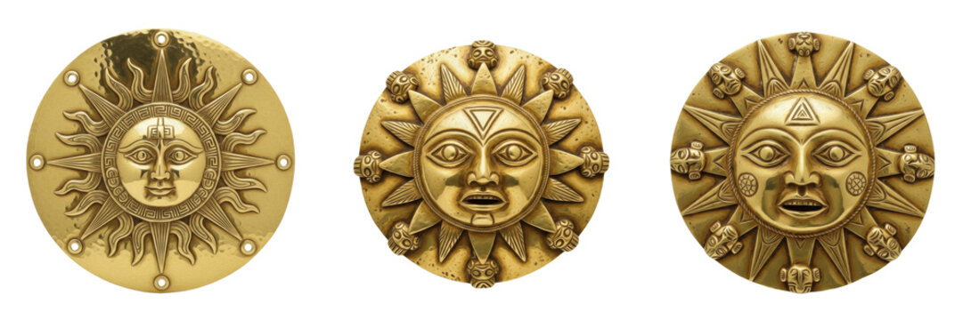 Set of ancient golden sun face ornaments with divine celestial engravings isolated on white transparent png background