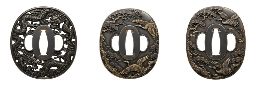 Collection of traditional Japanese samurai sword tsuba with ornate dragon and floral engravings isolated on white transparent png background