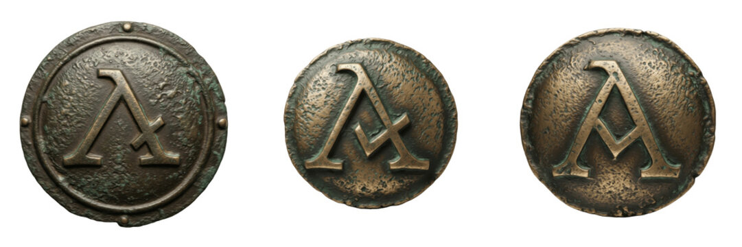 Set of ancient Greek Spartan shields with lambda symbol and bronze hoplite buckler collection isolated on white transparent png background