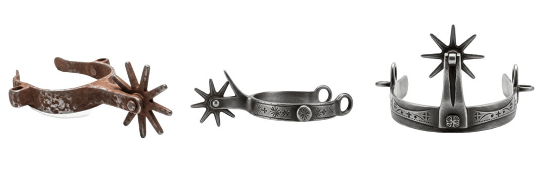 Set of vintage cowboy spurs and antique western metal equestrian rowels collection isolated on white transparent png background