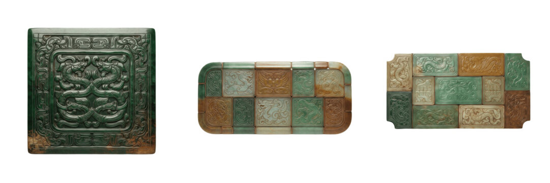 Set of ancient Chinese jade plaques and carved stone tiles with dragon motifs isolated on white transparent png background