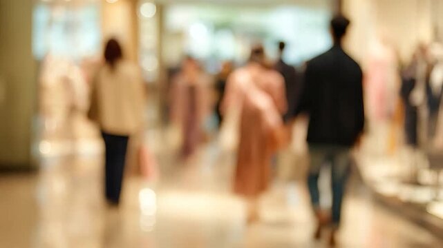 Blurred image of people walking and shopping in a busy mall interior