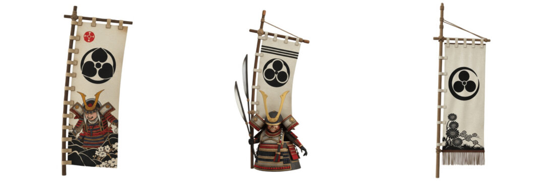 Collection of traditional Japanese samurai warrior armor and sashimono war flags isolated on white transparent png background
