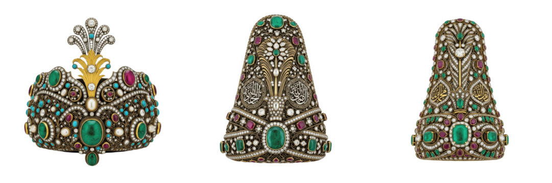 Set of royal indian kundan armlets with emerald and ruby gemstone embellishments isolated on white transparent png background