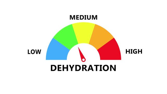 Dehydration level gauge showing fluid loss condition with dynamic semicircle arc and needle indicator in modern digital healthcare monitoring dashboard transparent background 4k visuals
