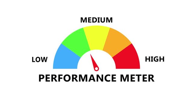 Performance meter showing system output level with dynamic semicircle gauge and precise needle indicator for monitoring in modern digital interface 4K white background visuals