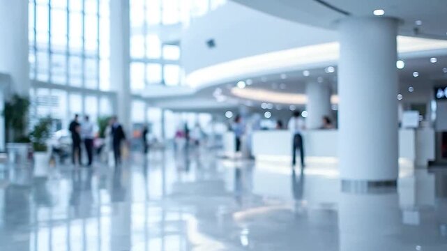 Blurred modern interior of a spacious building lobby with people walking