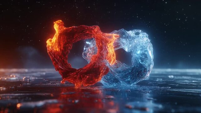 A juxtaposition of fiery, vibrant red and cool, crystalline blue water rings interlocked