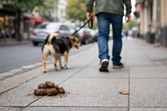 Dog poop on sidewalk with owner walking pet
