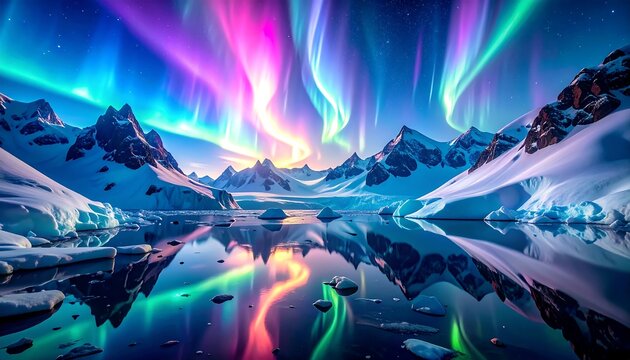 A mesmerizing view of the aurora borealis dancing over snow-capped mountains and a calm, reflective body of water