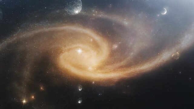 A mesmerizing view of a glowing spiral galaxy with orbiting objects, sparkling stars