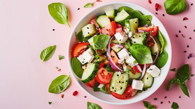 Fresh greek salad with feta cheese and vegetables in a white bowl served on a soft pastel pink background with scattered basil leaves and black sesame seeds
