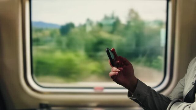 Man tourist using smartphone with green screen while traveling by train or bus, travelling application, male working during business travel. 