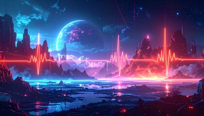 Obraz premium Futuristic Alien Landscape with Neon Heartbeat Line and Glowing Planet