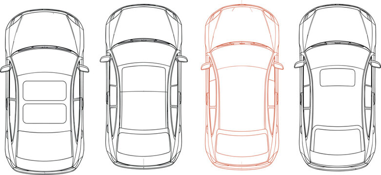 Top view car outline set showing sedan vehicle blueprint style line art collection isolated automotive vector illustration design template