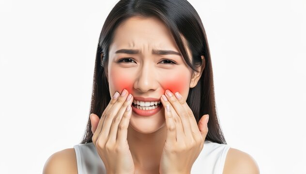 Facial Distress: The model's face is a canvas of discomfort, hands cupping cheeks as a red flush betrays an unseen ailment.