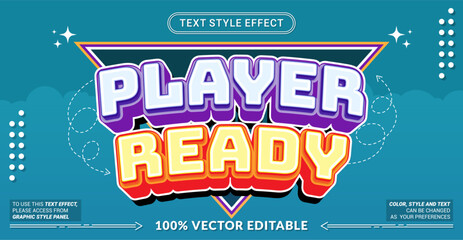 Editable text effect vector “Player Ready” features bold 3D gaming style lettering with energetic vibes, perfect for game titles, e-sports graphics, and streaming visuals. © Rtn_Studio