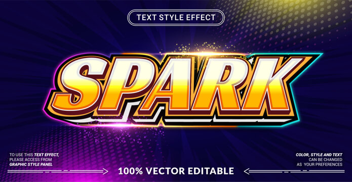 Editable text effect vector &ldquo;Spark&rdquo; features bold glowing 3D lettering with energetic shine and dynamic vibes, perfect for creative titles, gaming themes, and modern designs.