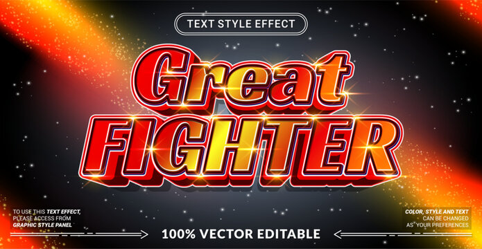 Editable text effect vector &ldquo;Great Fighter&rdquo; features bold powerful 3D lettering with strong heroic vibes, perfect for action games, combat themes, and competitive titles.