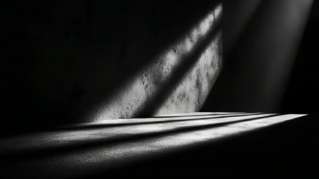 Abstract dark room with dramatic light and shadows streaming through a window. Minimalist, mysterious atmosphere, empty space, solitude, contrast, illumination, background, and artistic texture