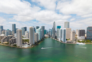 Fototapeta premium Aerial view of Brickell skyline in downtown Miami. Skyscrapers above Miami. Scenic panorama of Miamis financial district. Brickell in Miami city. Miami Urban landscape with buildings cityscape.