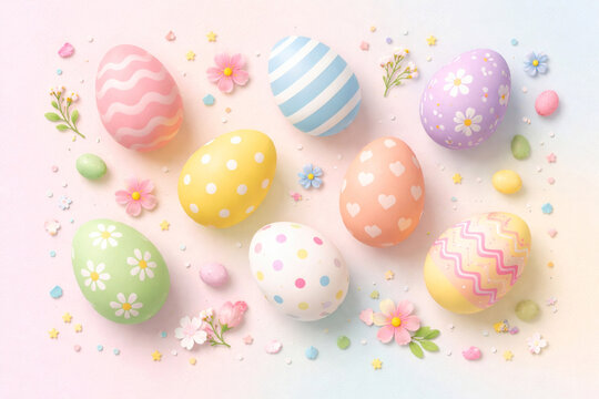 Cartoon style decorated Easter eggs on pastel background top view