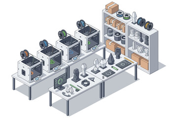 Obraz premium Advanced 3D printing technology setup with multiple machines, filament spools, and printed objects on display