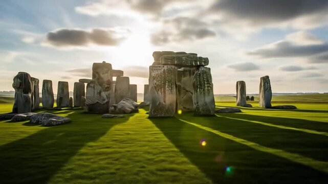 Stonehenge a prehistoric monument in England stands on a grassy field under a cloudy sky with long shadows cast by the stones