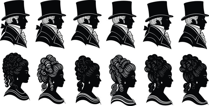 Vintage Victorian Silhouette Portrait Collection of Elegant Men and Women Profiles in Classic 19th Century Black Vector Style Illustration