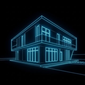 Neon-Line Art Modern House with Electric Blue and Cyan Glow on Black - Futuristic Cyberpunk Architecture