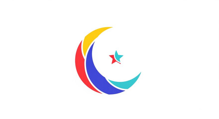Obraz premium Vibrant crescent moon symbol with star colorful abstract logo white background graphic design element
