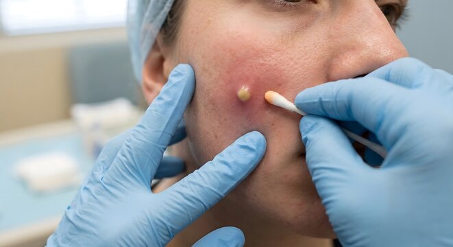 Skincare professional in medical gloves carefully treating severe facial acne and pustules on a patient's cheek with a cotton swab during a dermatology procedure in a clinic
