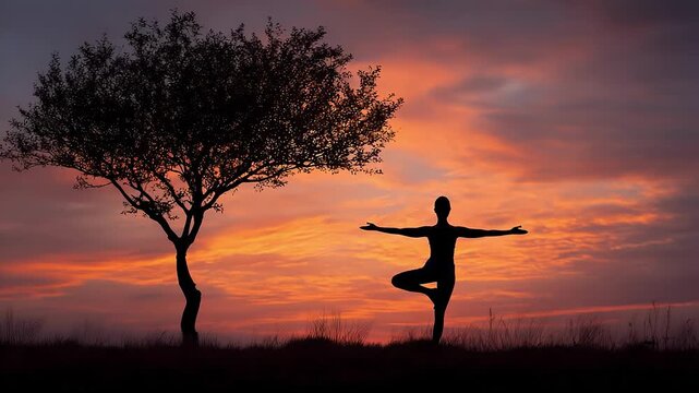 Silhouette of a woman practicing yoga in tree pose beside a tree at sunrise. Tranquil, spiritual landscape, meditation, harmony, balance, peaceful, mindfulness, outdoor wellness, and nature