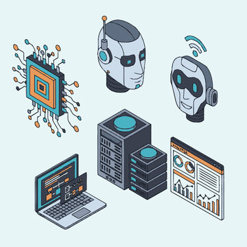 Isometric illustration of artificial intelligence and machine learning concepts, including robots, computer chips, servers, and data analysis.