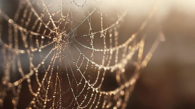 Close-up of a spider web covered in morning dew, glistening in soft sunlight. Nature, fragile, delicate, intricate pattern, macro, natural texture, autumn, beauty, outdoors, web
