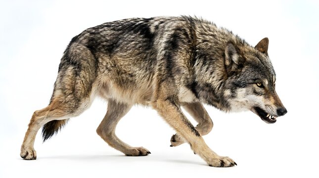 Gray wolf walking on white background with open mouth and sharp teeth showing aggression