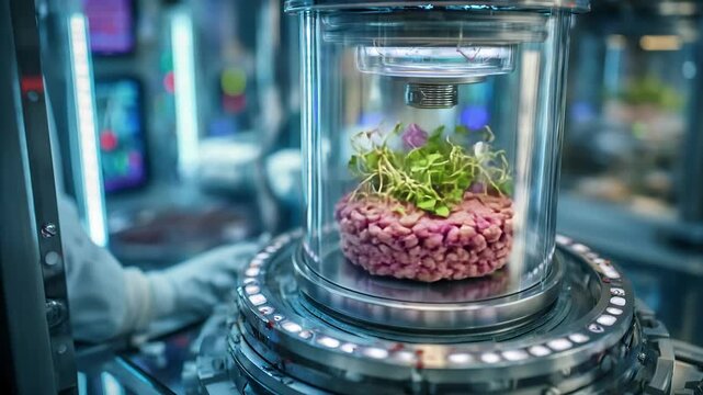 Futuristic lab scene with a brain-like organ and plants growing inside a glass chamber. Biotechnology, science, genetics, artificial intelligence, innovation, sustainability, and researc
