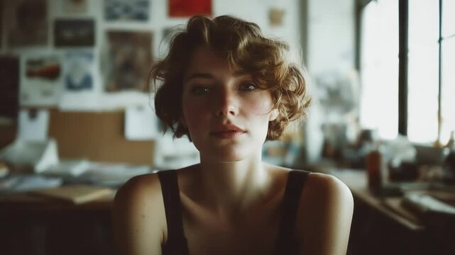 Portrait of a thoughtful young woman with short curly hair sitting in a creative studio, soft natural light. Artistic, inspiration, contemplation, freelancer, cozy, modern lifestyle