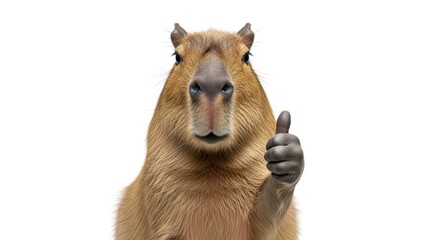 Happy smiling capybara giving a thumbs up gesture, isolated on a white background