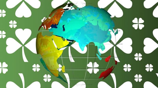 3D globe rotating on playback, continents changing color with grid over clover backdrop for design