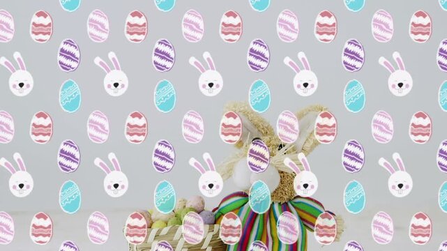 Pattern overlay receding, plush bunny emerging on table with pastel egg basket for Easter marketing