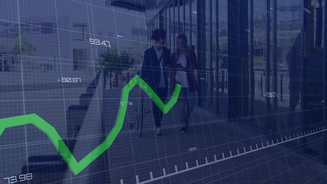 Two men walking path, one using device, green market line cycling around, rising showing trends
